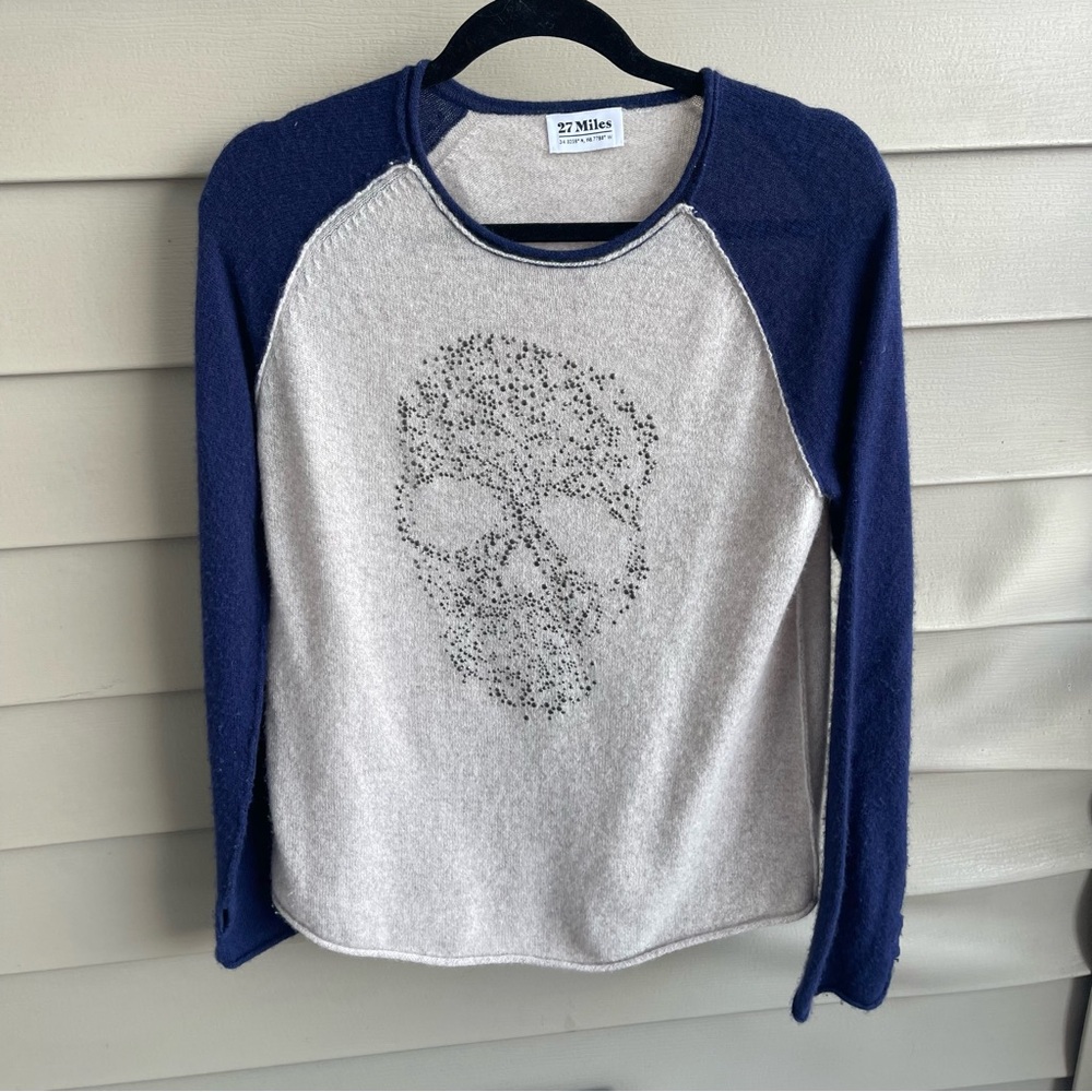 27 Miles Womens Cashmere Skull Long Sleeve Pullover Sweater‎ Beige Size M Grunge